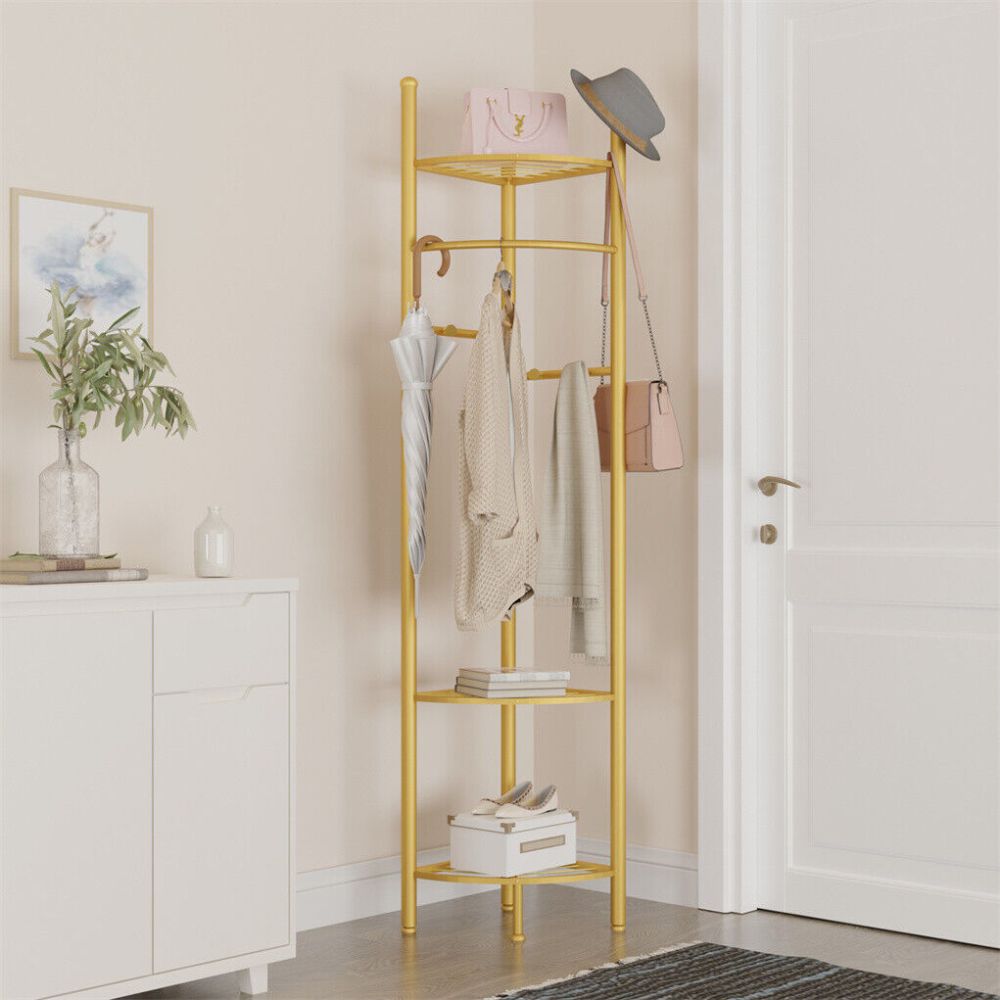 Standing Metal Corner Coat Stand Clothes Rack with Storage Shelf Garment Rack Hall Tree