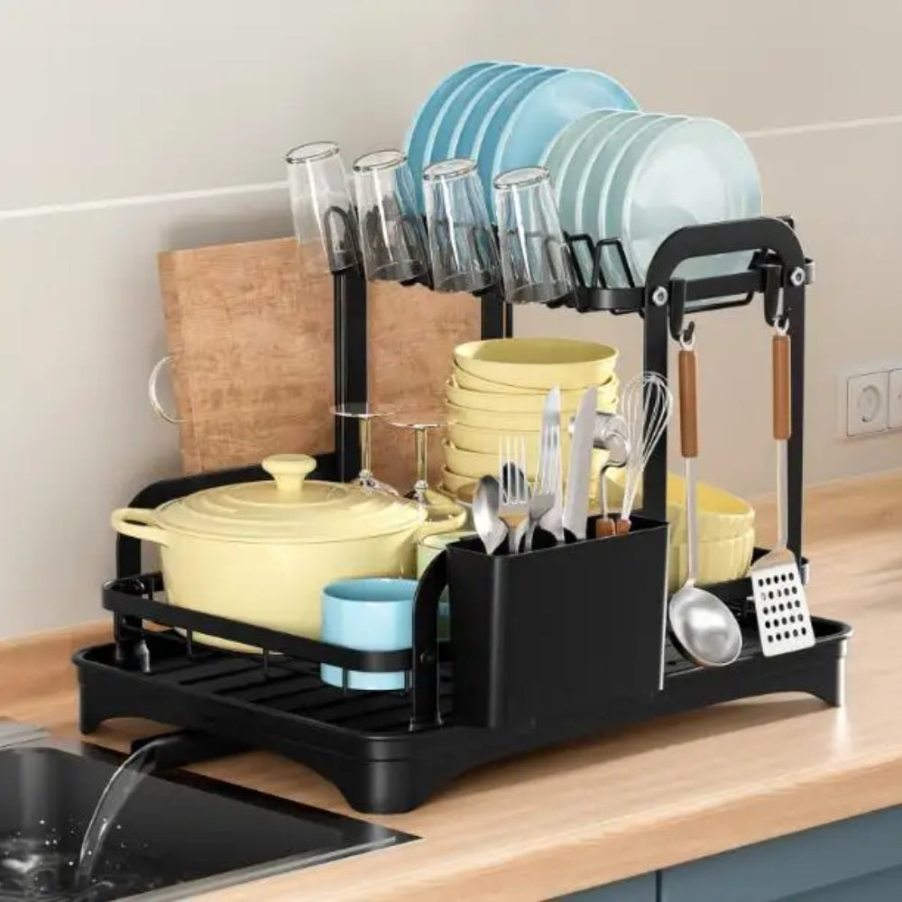 360 Degree Rotating 2 Tier Dish Bowl Drainer Kitchen Tableware Rack