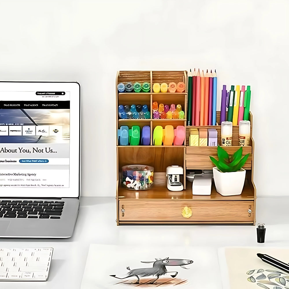 Wooden Desk Organiser DIY Desktop Tidy Pen Holder with Drawer