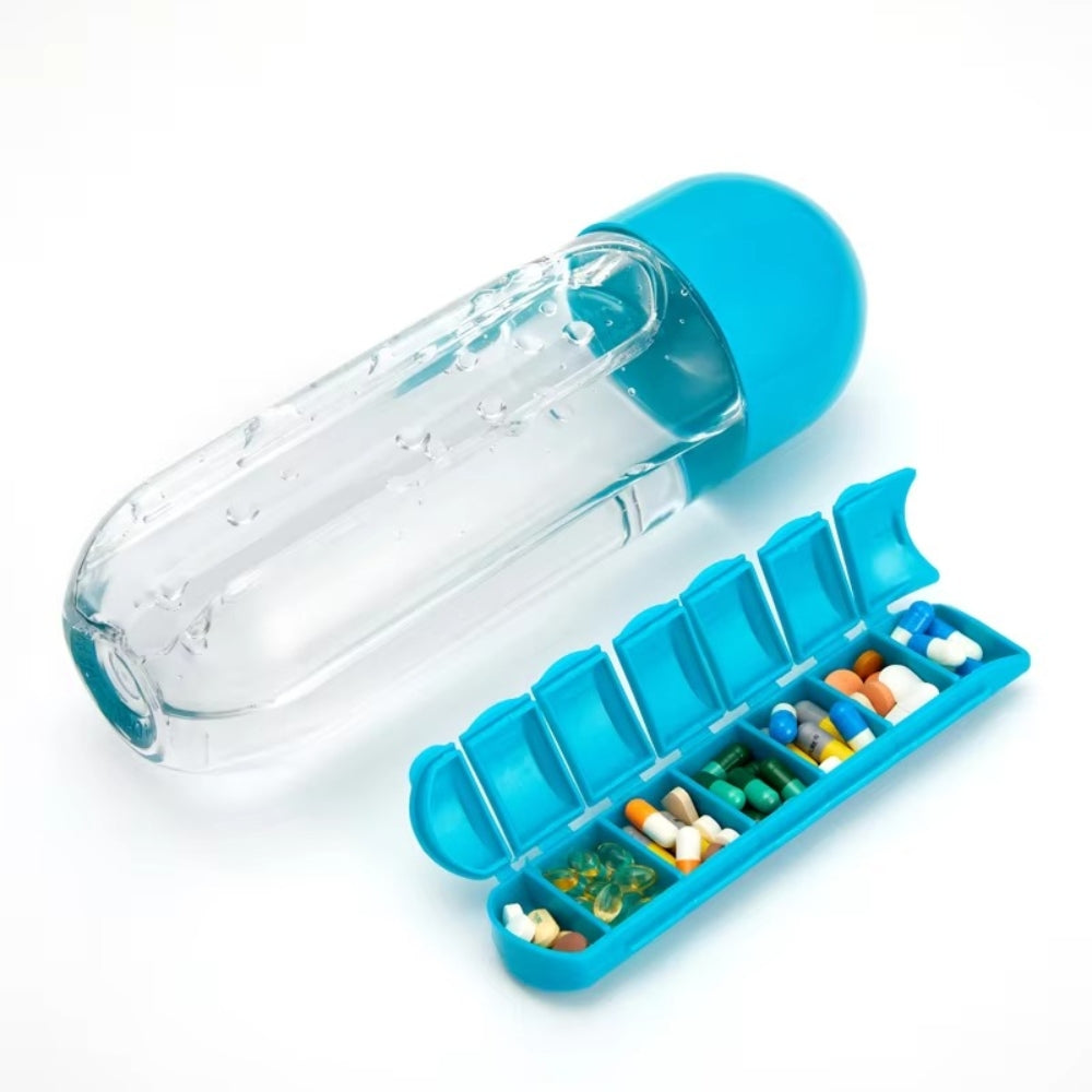 2 in 1 600ml 7 Grids Medicine Box Water Cup Sports Plastic Bottle