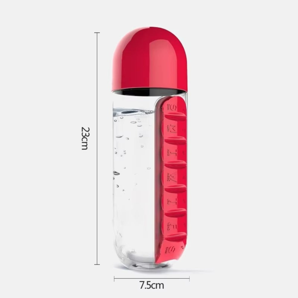 2 in 1 600ml 7 Grids Medicine Box Water Cup Sports Plastic Bottle