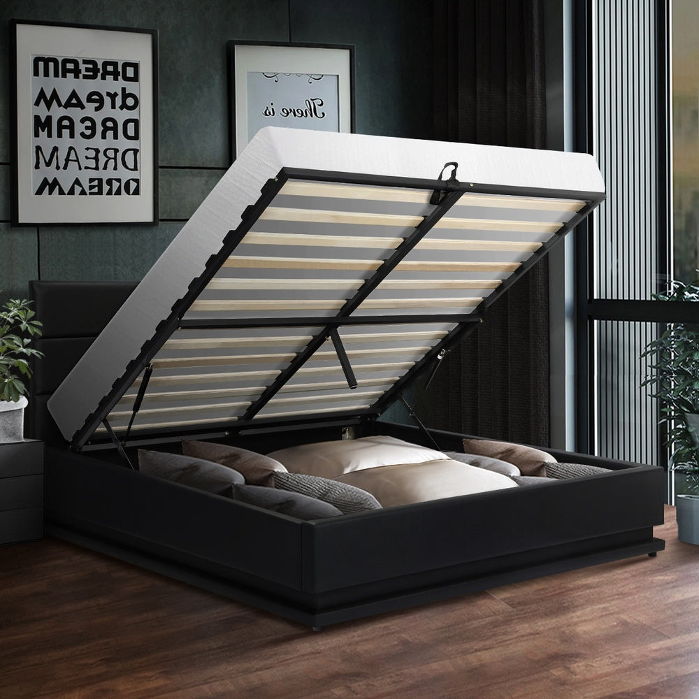 Double Bed Frame Gas Lift RBG Storage Space Black