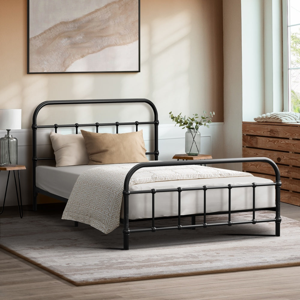 Metal Bed Frame King Single Railing Style Black