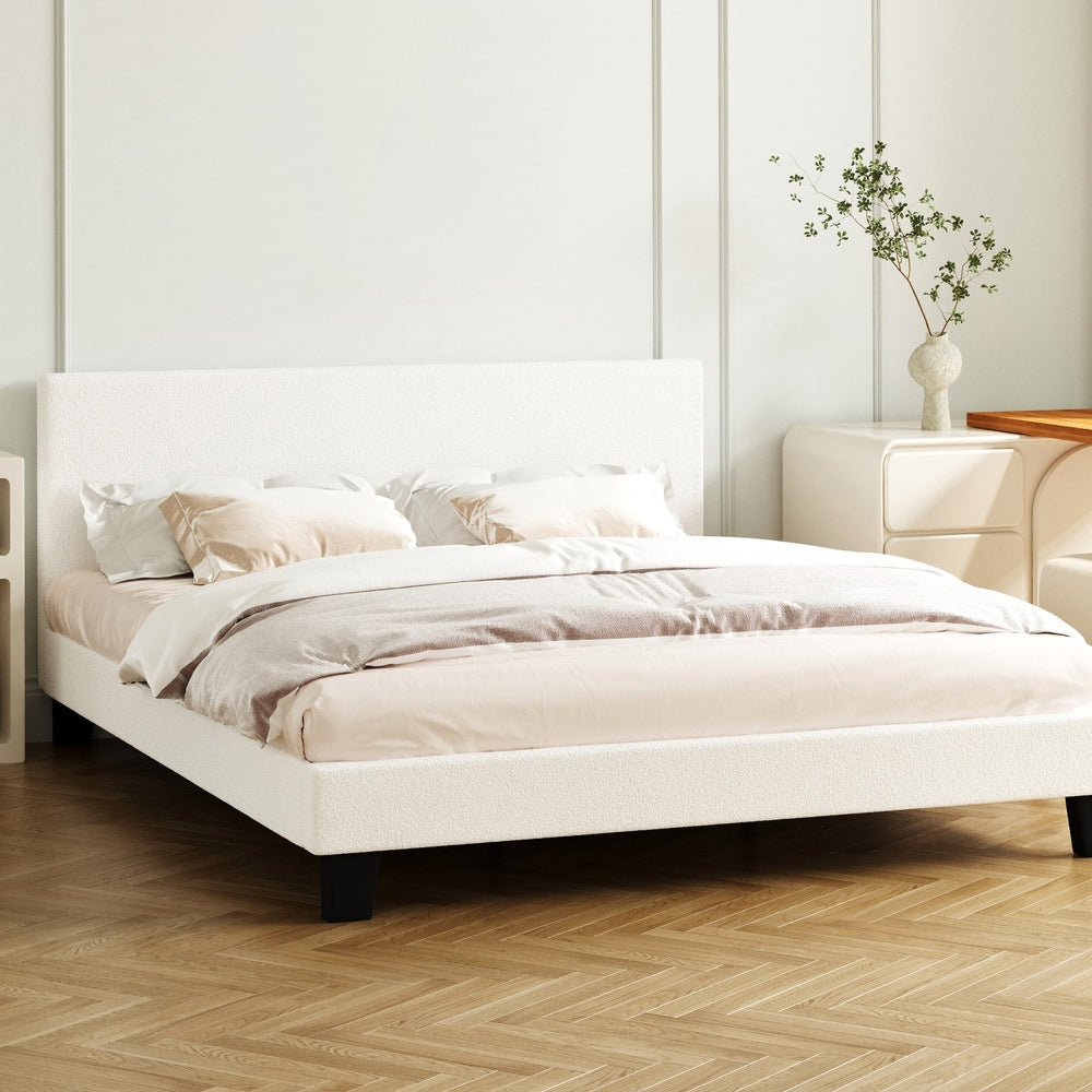 Double Bed Frame with Wooden Slats in White Boucle Fabric