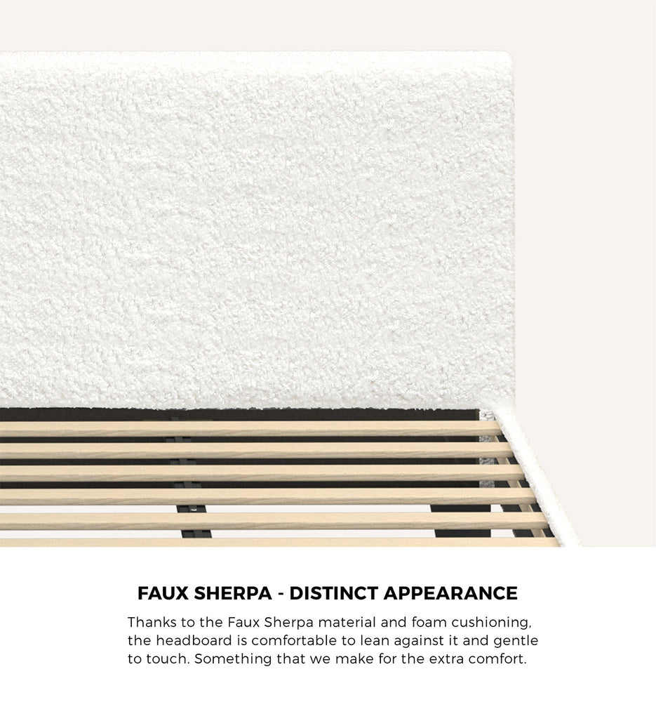 Double Bed Frame with Wooden Slats in White Boucle Fabric
