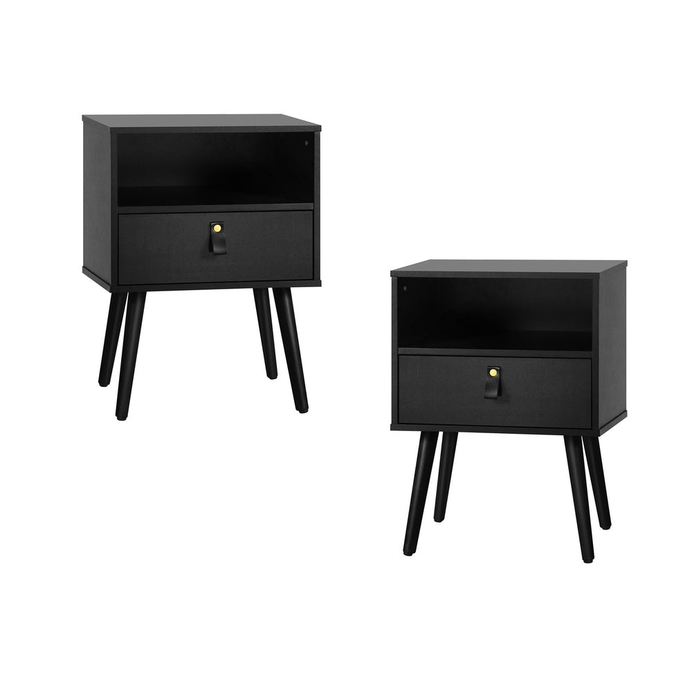 2 pcs Bedside Tables with Leather Handles Black