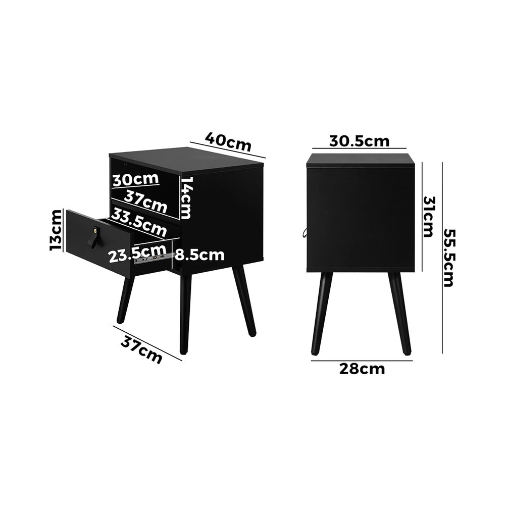 2 pcs Bedside Tables with Leather Handles Black