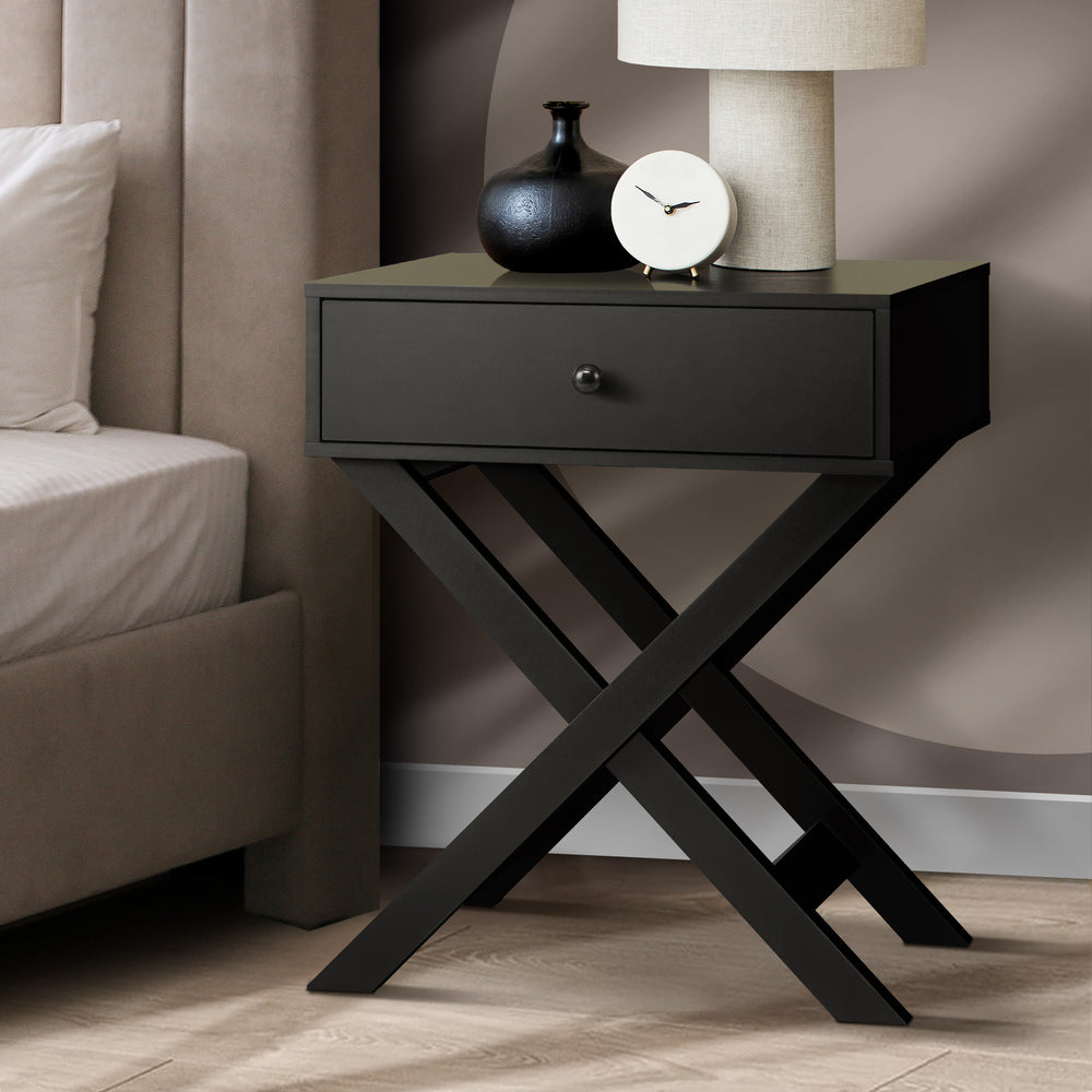 Bedside Table with Wooden Frame Cross Base Black