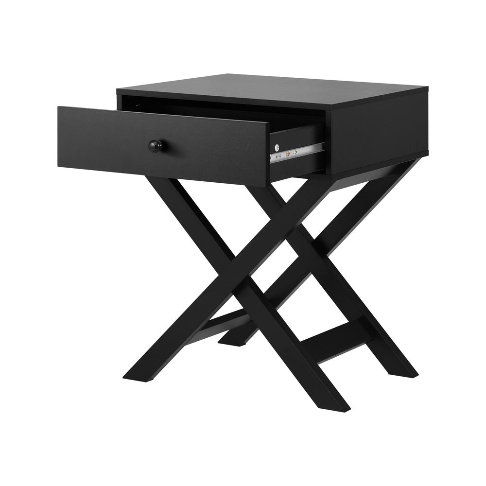 Bedside Table with Wooden Frame Cross Base Black