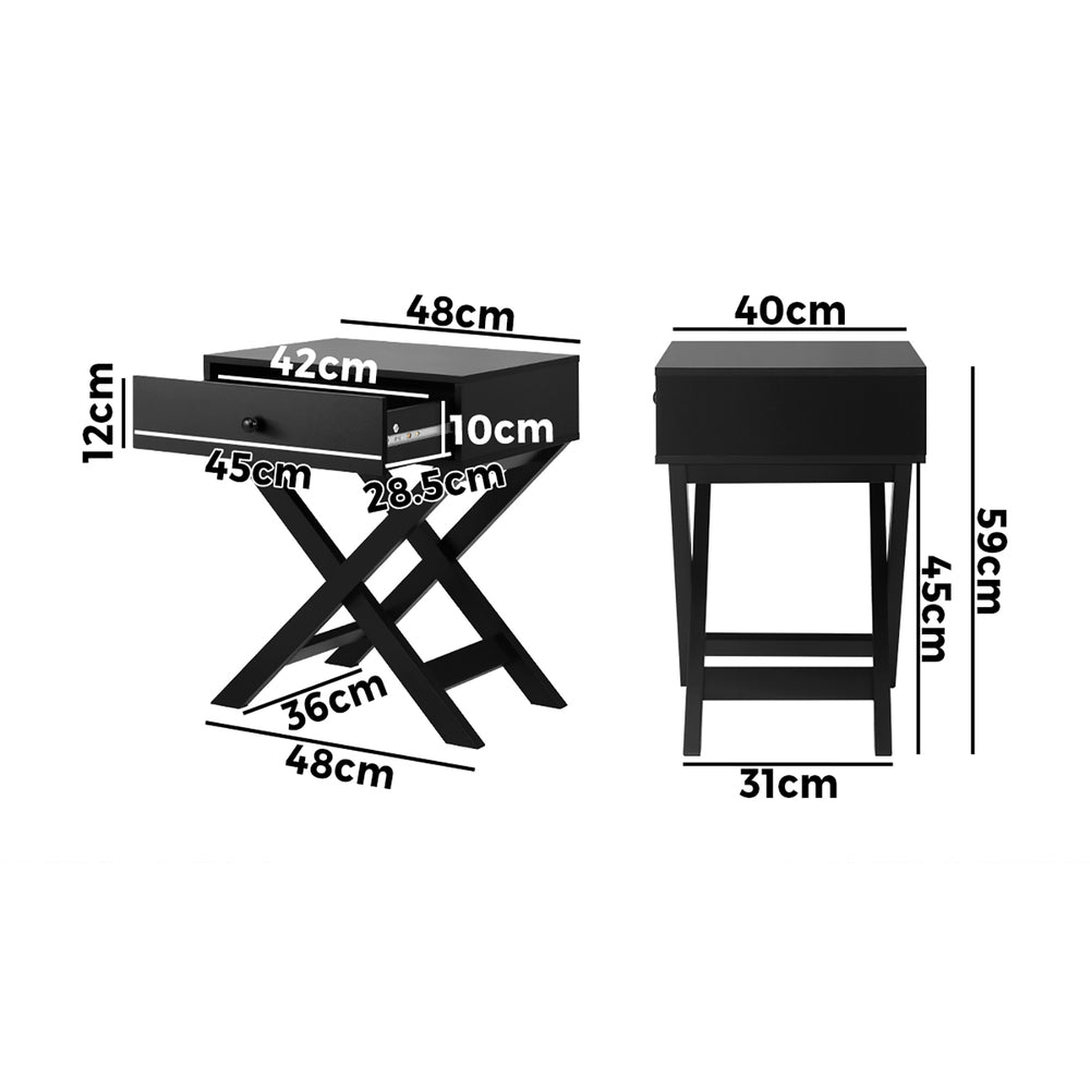 Bedside Table with Wooden Frame Cross Base Black