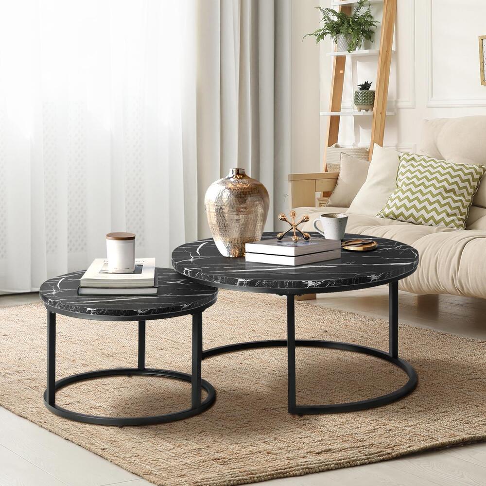 Set of 2 Round Nesting Coffee Tables Marble Top Black