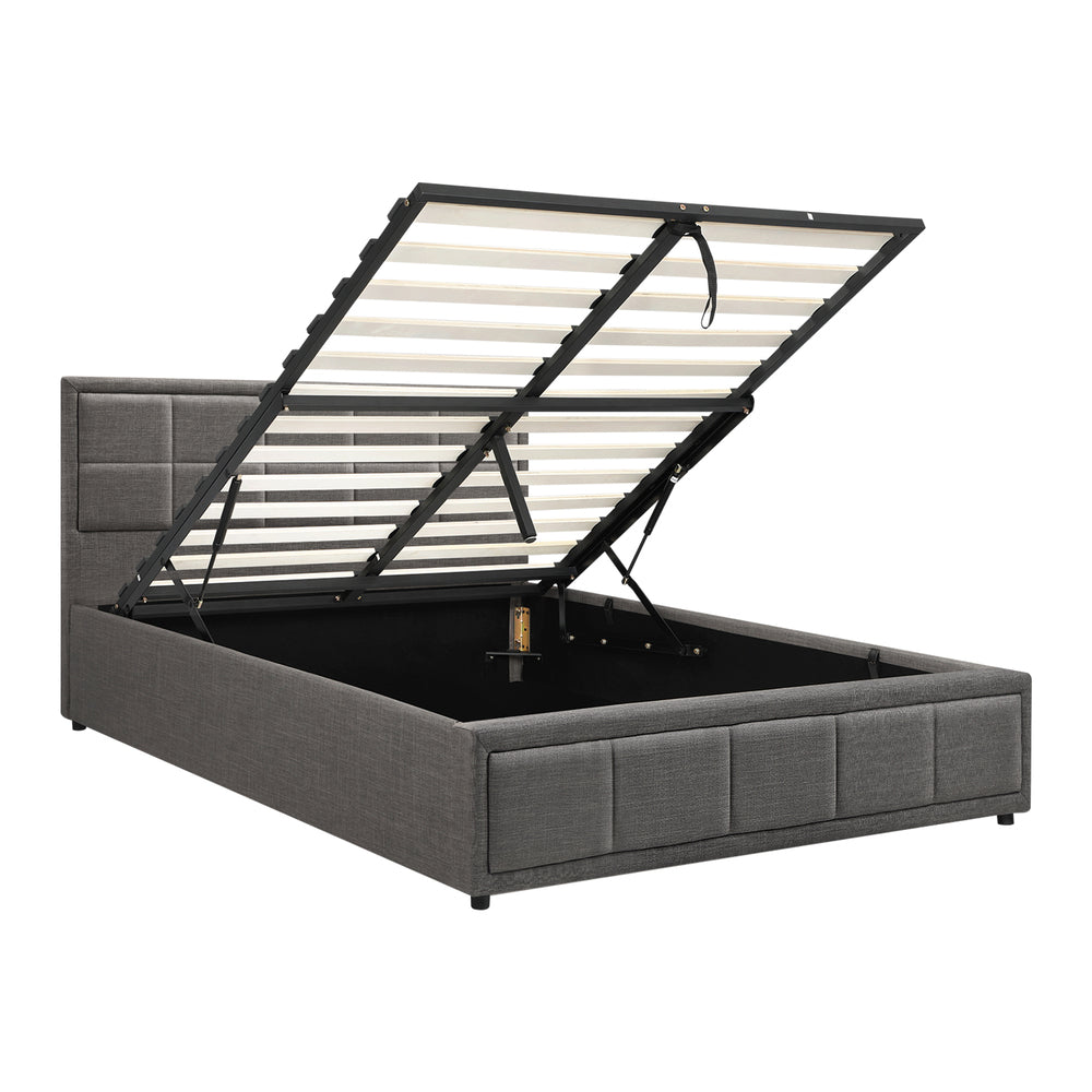 Queen Bed Frame with Gas Lift Storage Base Fabric Grey