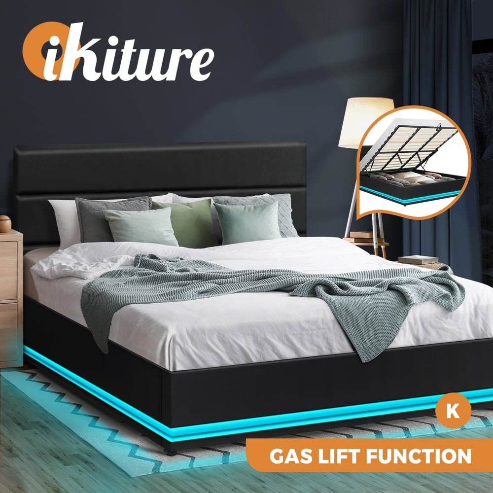 King Bed Frame with Gas Lift RGB Storage Space Black