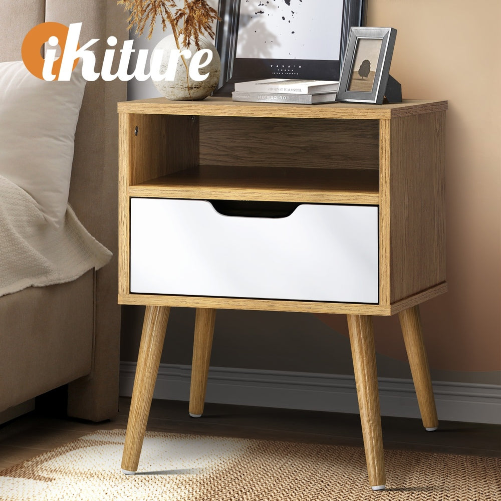 Bedside Table Handle-Free with Open Shelf Wooden and White