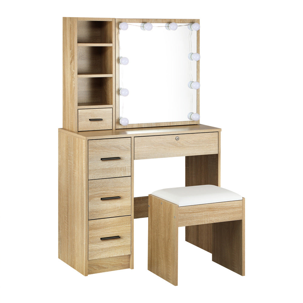 Dressing Table with Mirror, 10 LED Bulbs & Stool Wooden Set