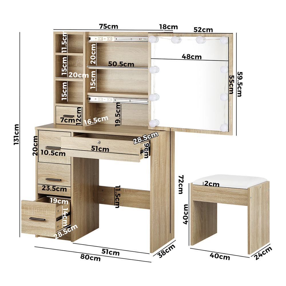 Dressing Table with Mirror, 10 LED Bulbs & Stool Wooden Set