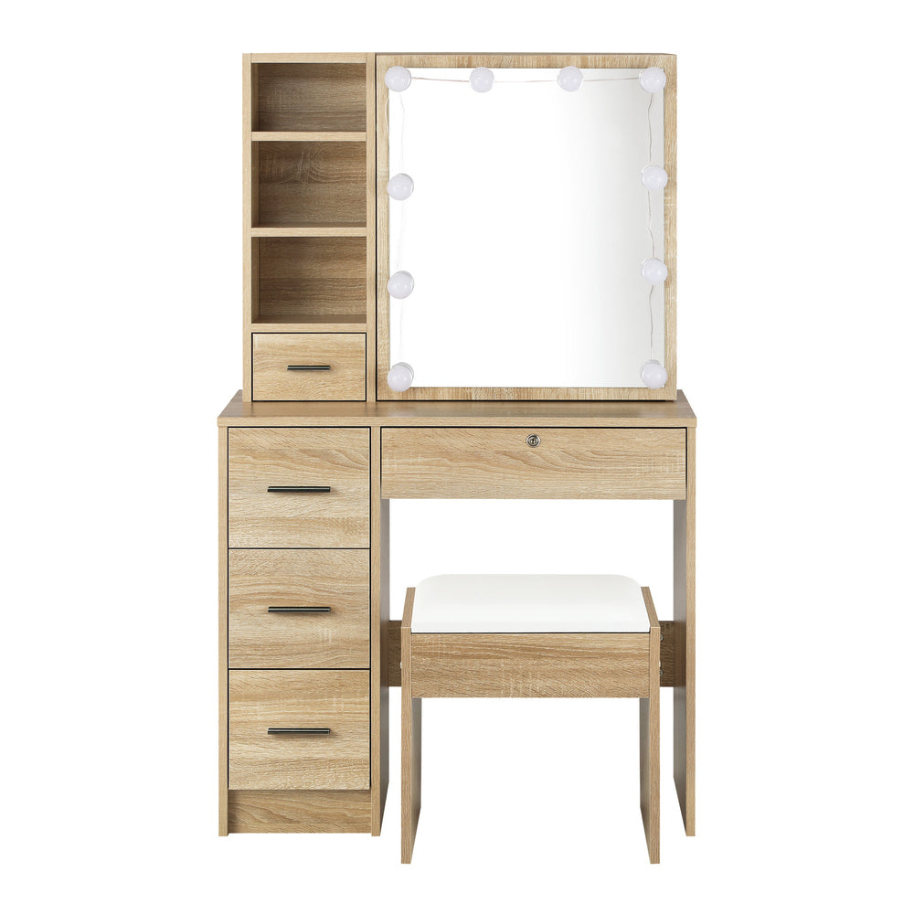 Dressing Table with Mirror, 10 LED Bulbs & Stool Wooden Set