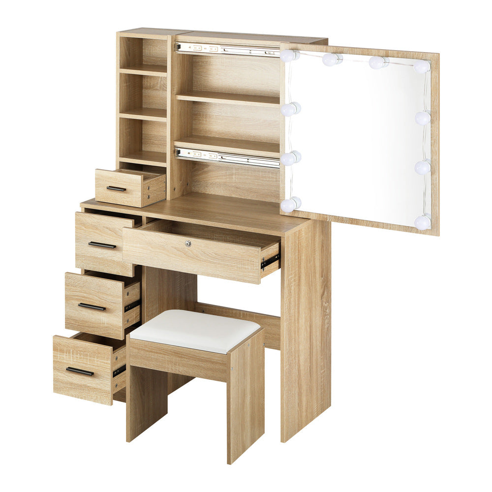 Dressing Table with Mirror, 10 LED Bulbs & Stool Wooden Set