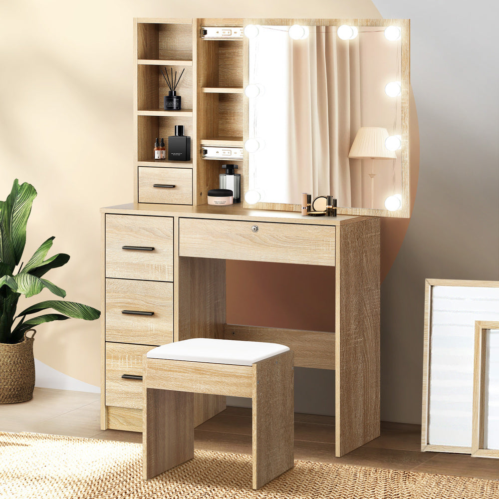 Dressing Table with Mirror, 10 LED Bulbs & Stool Wooden Set