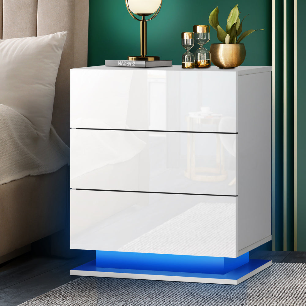 LED Bedside Table with RGB Lighting 3 Drawers White