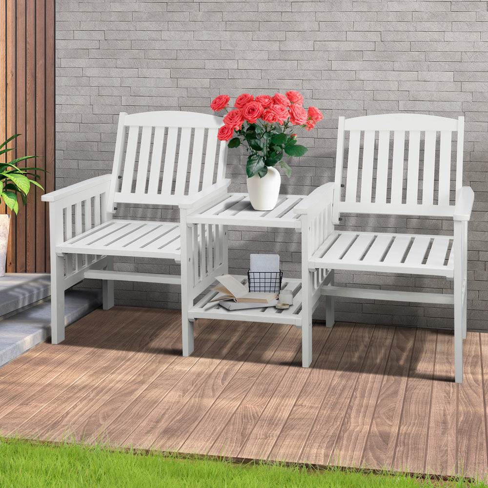 Wooden Garden Bench with 2 Seats and Table White