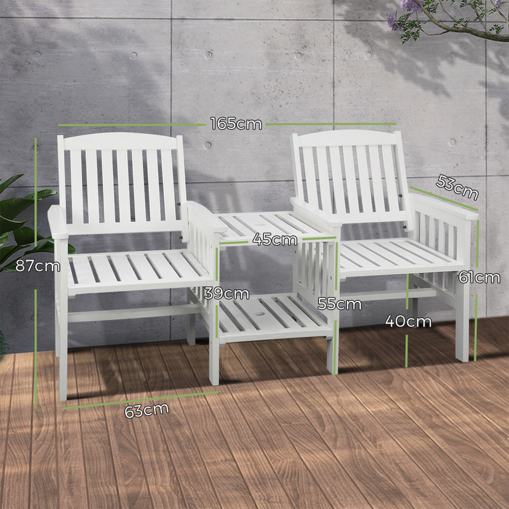 Wooden Garden Bench with 2 Seats and Table White