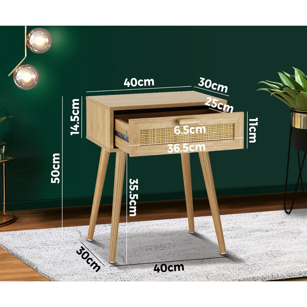 Wooden Bedside Table with Rattan Detail