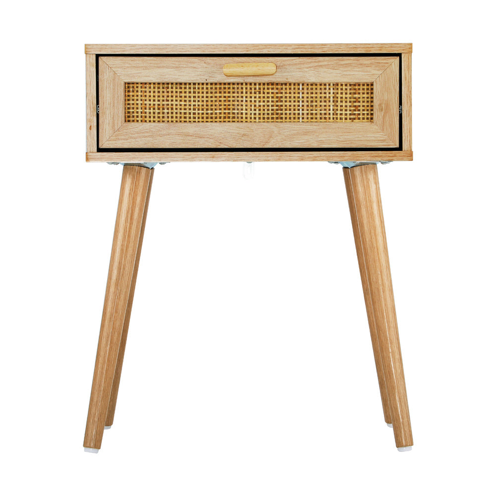 Wooden Bedside Table with Rattan Detail