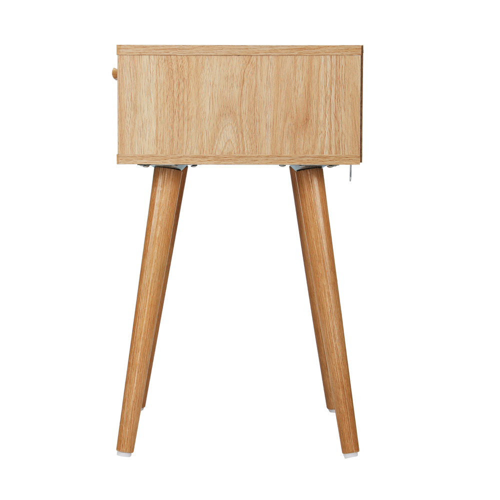 Wooden Bedside Table with Rattan Detail