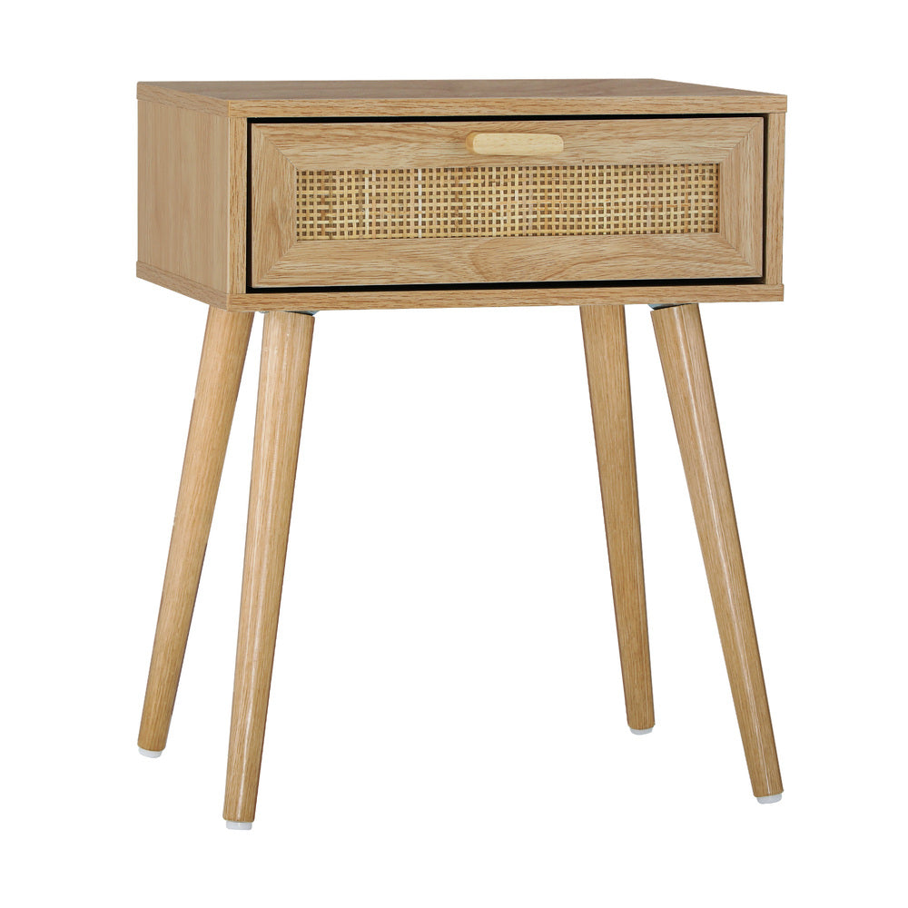 Wooden Bedside Table with Rattan Detail
