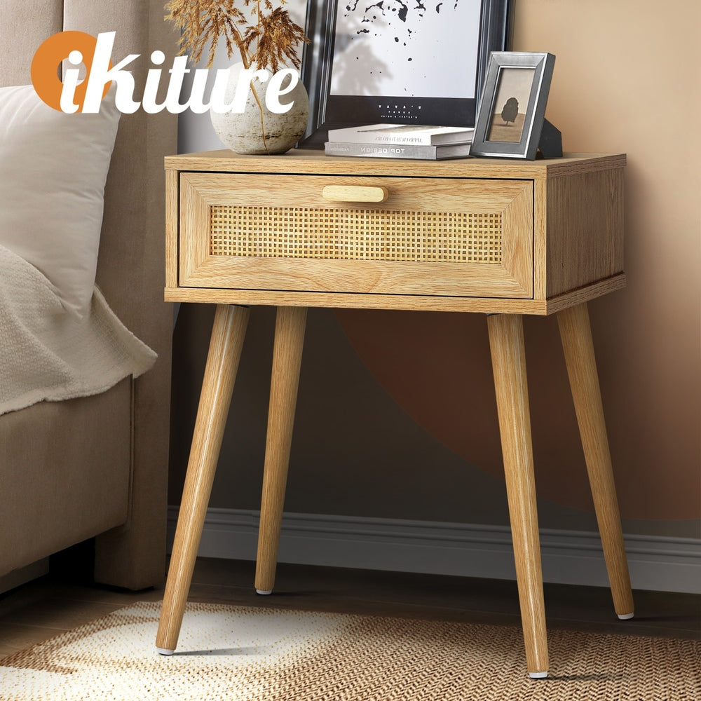 Wooden Bedside Table with Rattan Detail