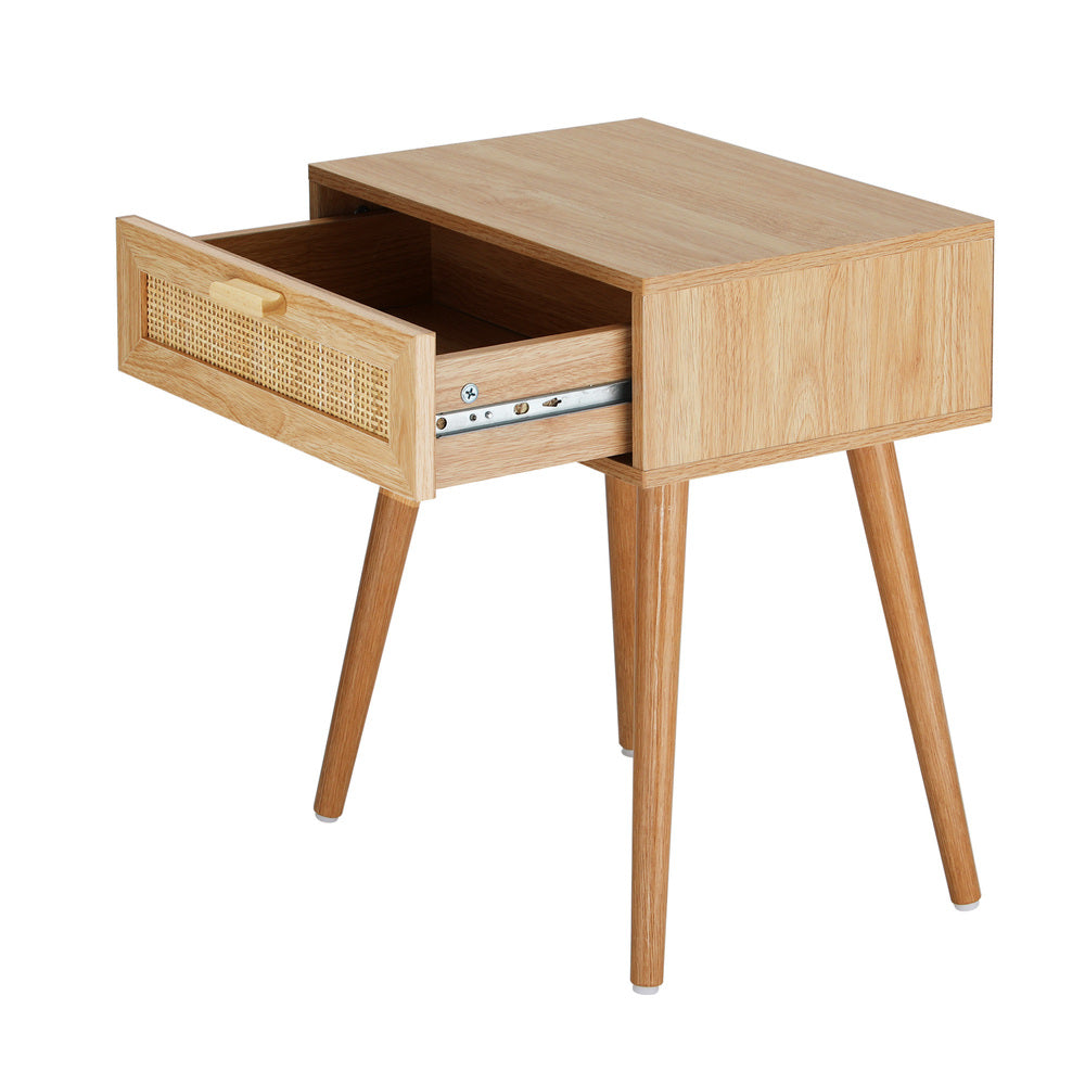 Wooden Bedside Table with Rattan Detail