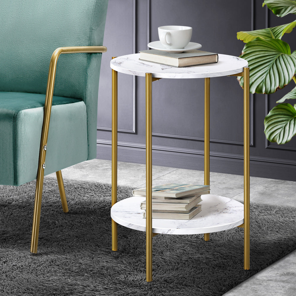 Round 2-Tier Coffee Table with Marble Top and Gold Metal Frame