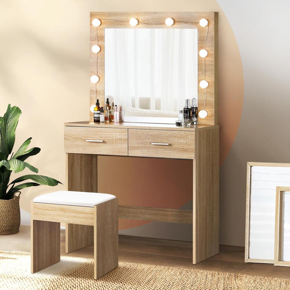 Wooden Dressing Table Set with Stool Makeup Mirror and 10 LED Bulbs