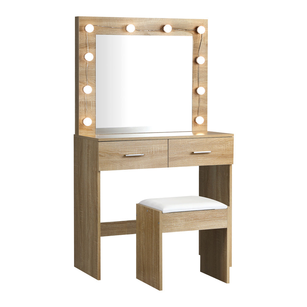 Wooden Dressing Table Set with Stool Makeup Mirror and 10 LED Bulbs
