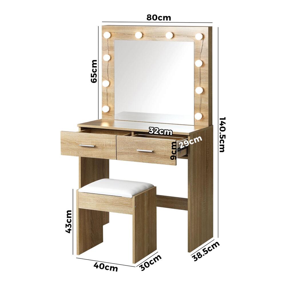 Wooden Dressing Table Set with Stool Makeup Mirror and 10 LED Bulbs