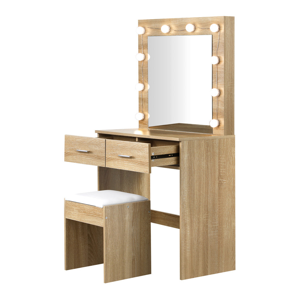 Wooden Dressing Table Set with Stool Makeup Mirror and 10 LED Bulbs
