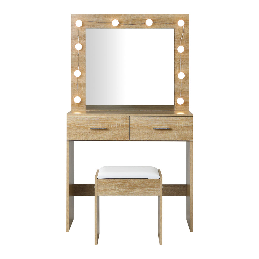 Wooden Dressing Table Set with Stool Makeup Mirror and 10 LED Bulbs
