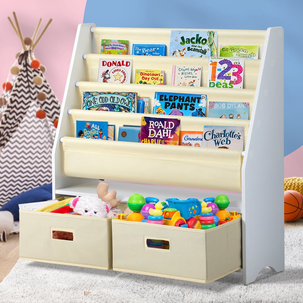 Kids Storage Rack 4 Tier with 2 Drawers White and Beige
