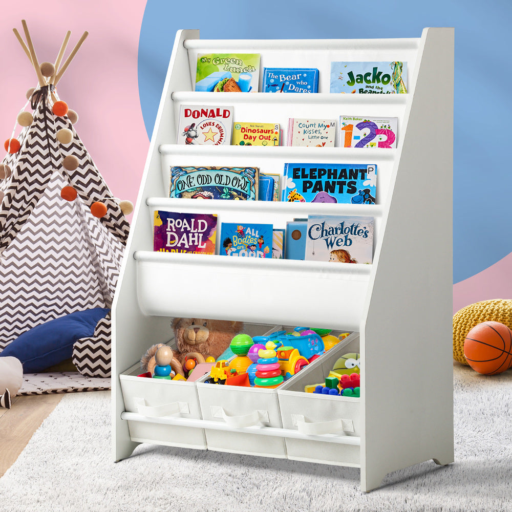 Kids Storage Rack 4 Tier with 3 Boxes White
