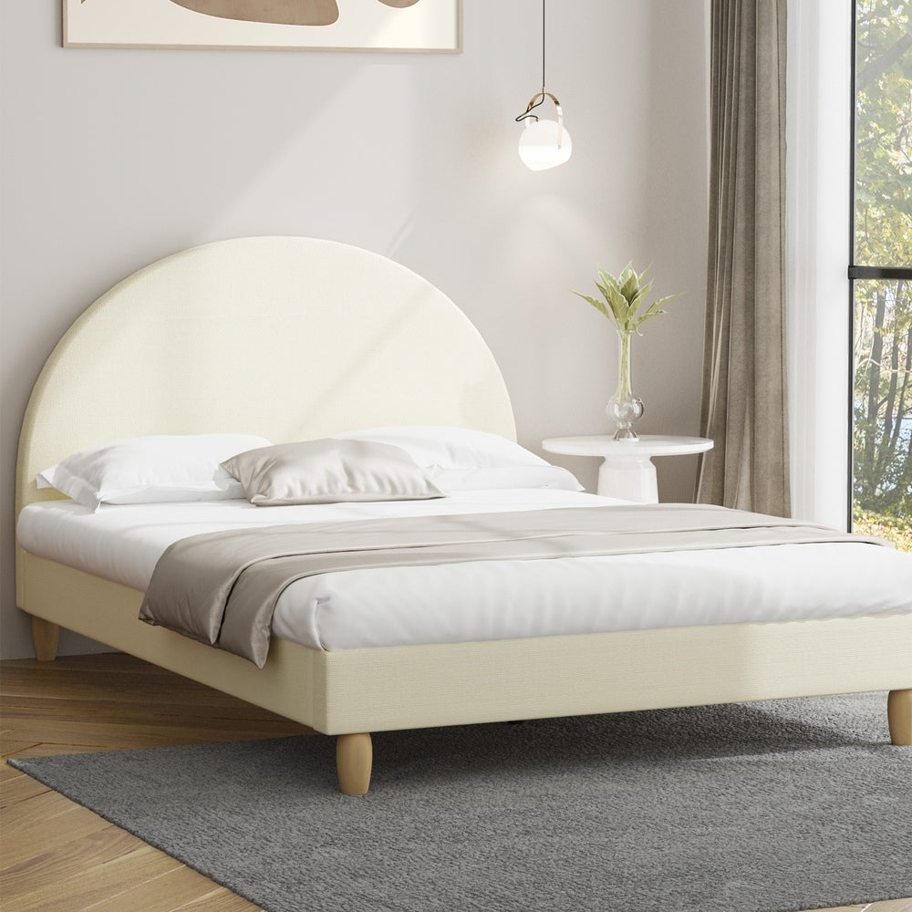 King Single Bed Frame with Arched Bedhead Beige Fabric