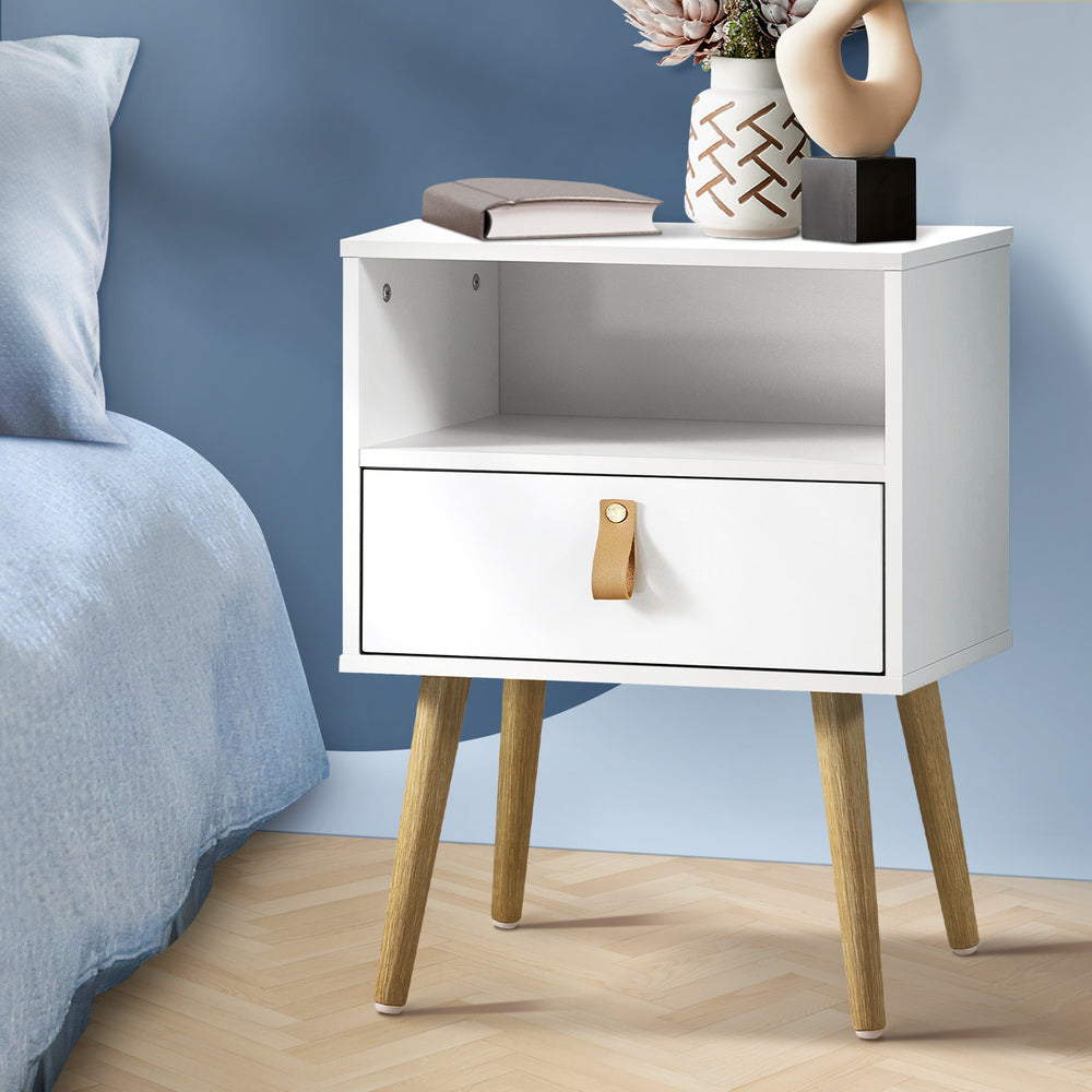 White Bedside Tables with Leather Handles