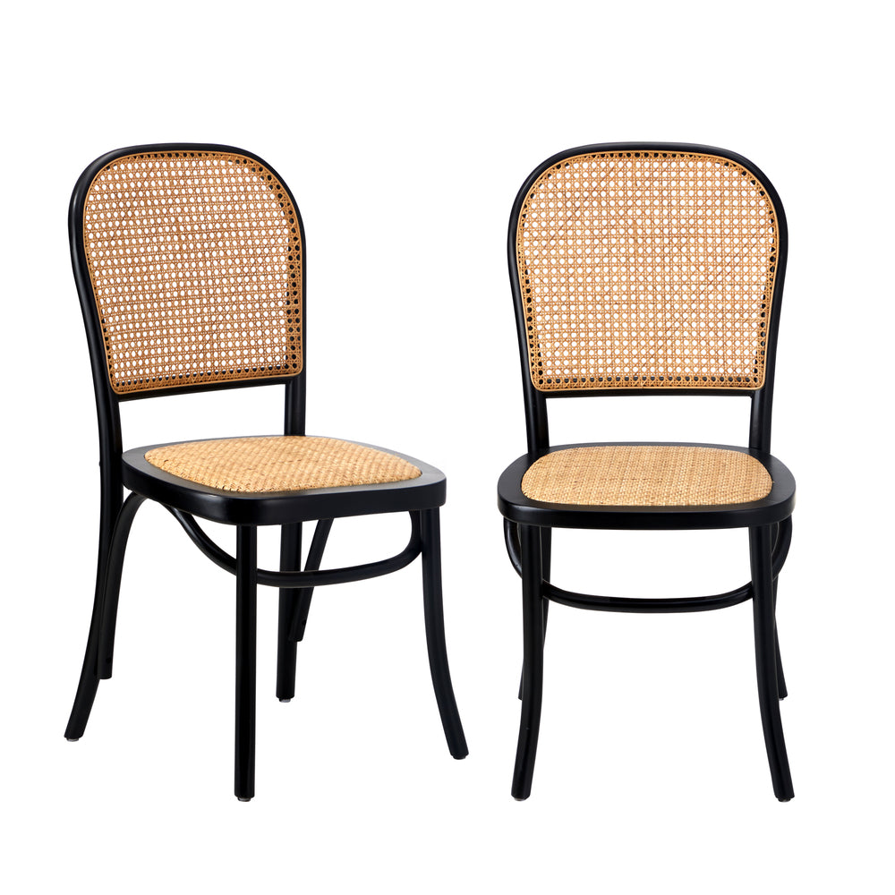 Black Wooden Dining Chairs with Rattan Seat