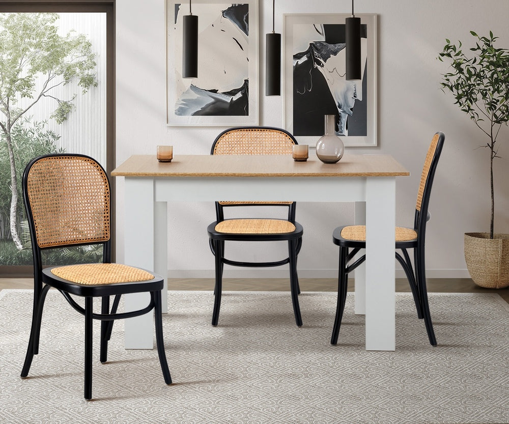 Black Wooden Dining Chairs with Rattan Seat