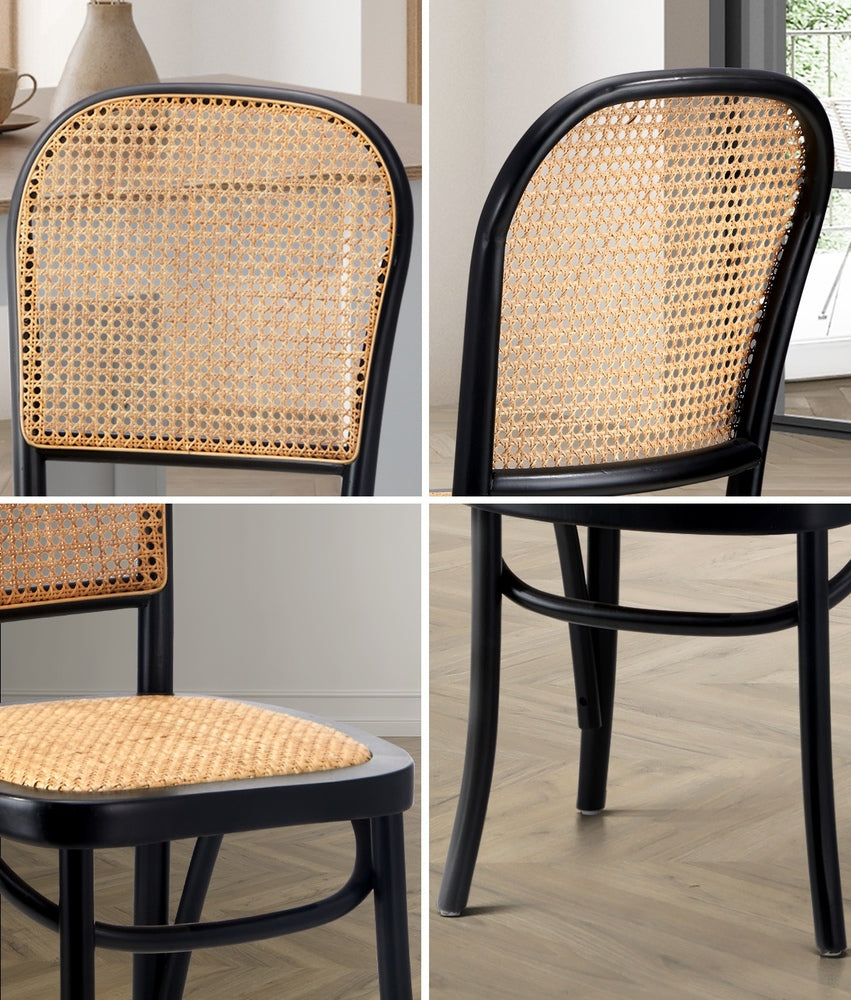 Black Wooden Dining Chairs with Rattan Seat