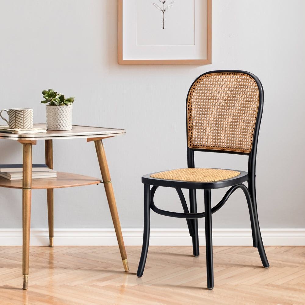Black Wooden Dining Chairs with Rattan Seat