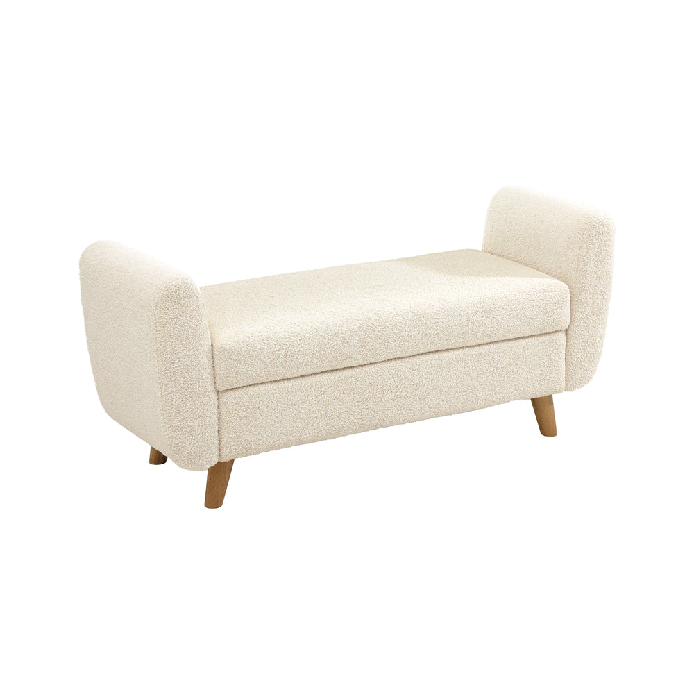 White Sherpa Fabric Storage Ottoman with Armrests