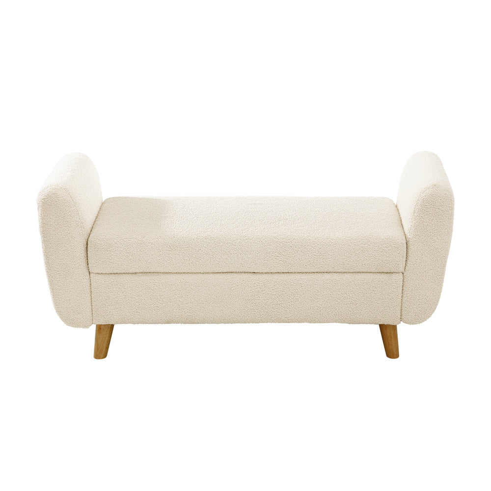 White Sherpa Fabric Storage Ottoman with Armrests