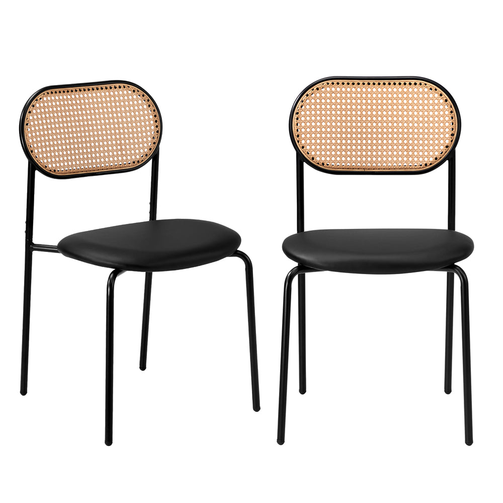 Set of 2 Rattan Dining Chairs with PU Leather Black