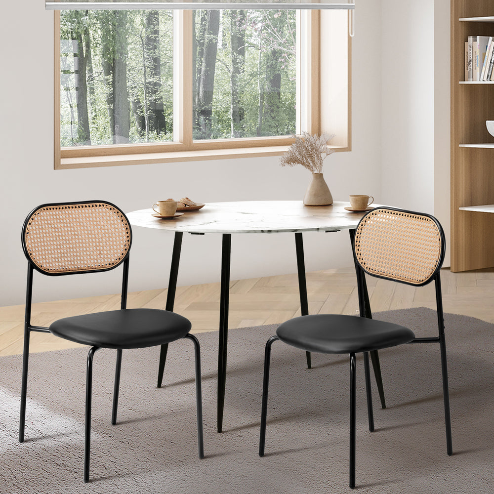 Set of 2 Rattan Dining Chairs with PU Leather Black